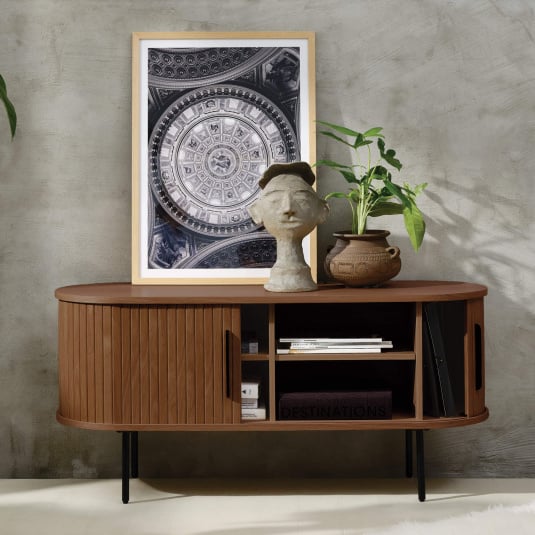 Slatted Sliding 2 Door Tv Unit Lowboard Smoked Oak / Walnut