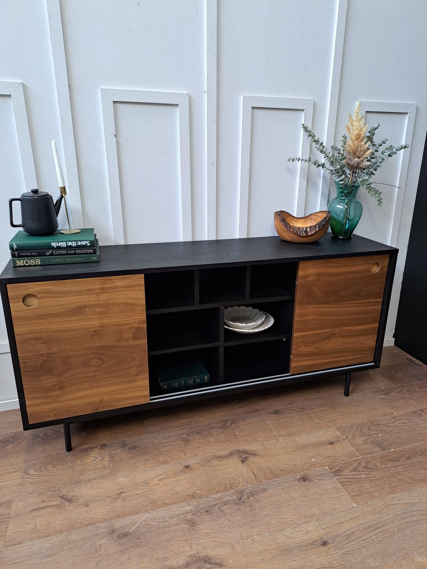 Sideboard Black and Walnut Wood Effect | Sliding doors