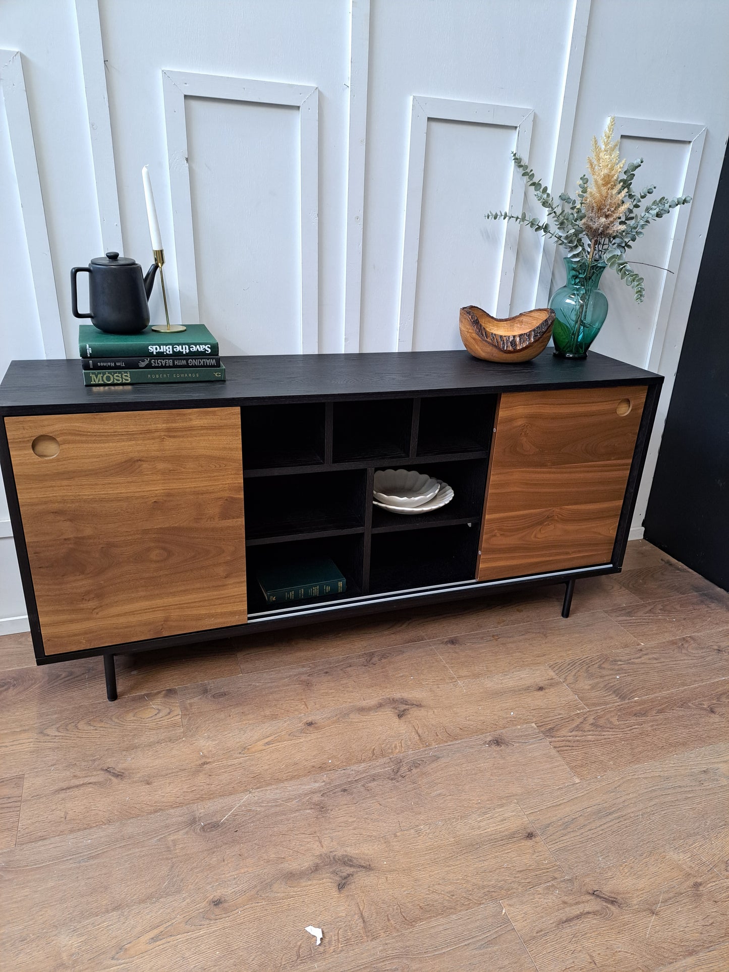 Sideboard Black and Walnut Wood Effect | Sliding doors