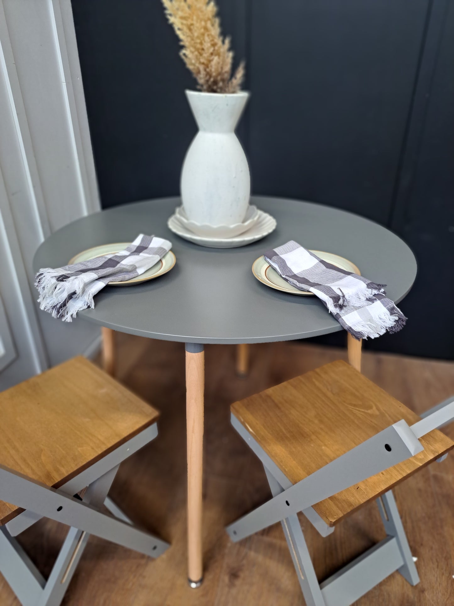 Grey and solid wood circular round dining table