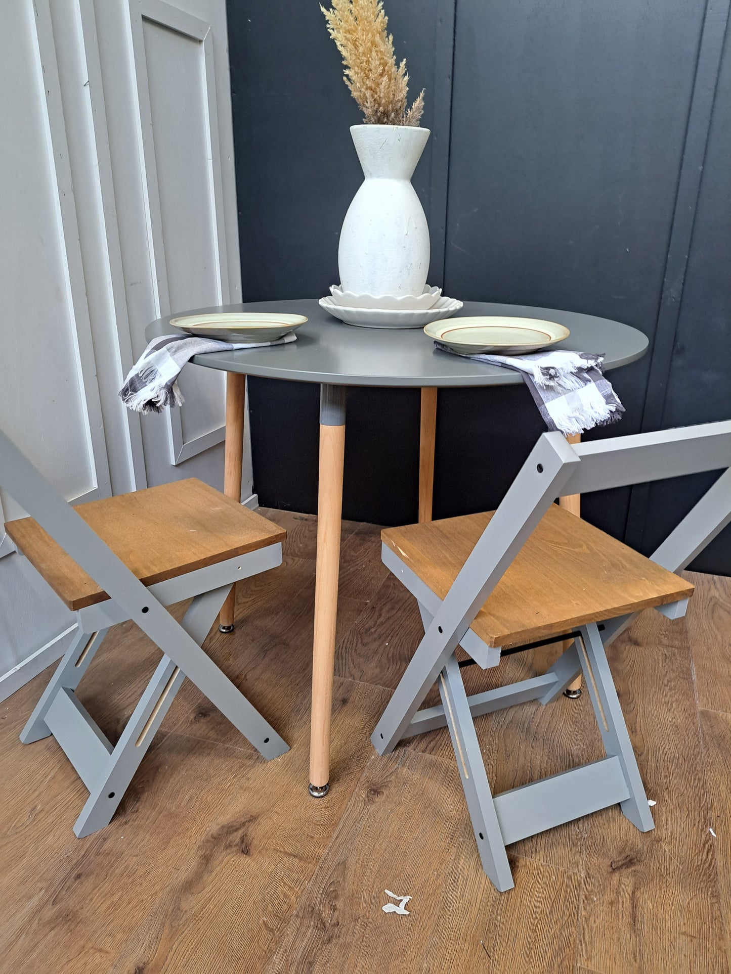 Grey and solid wood circular round dining table