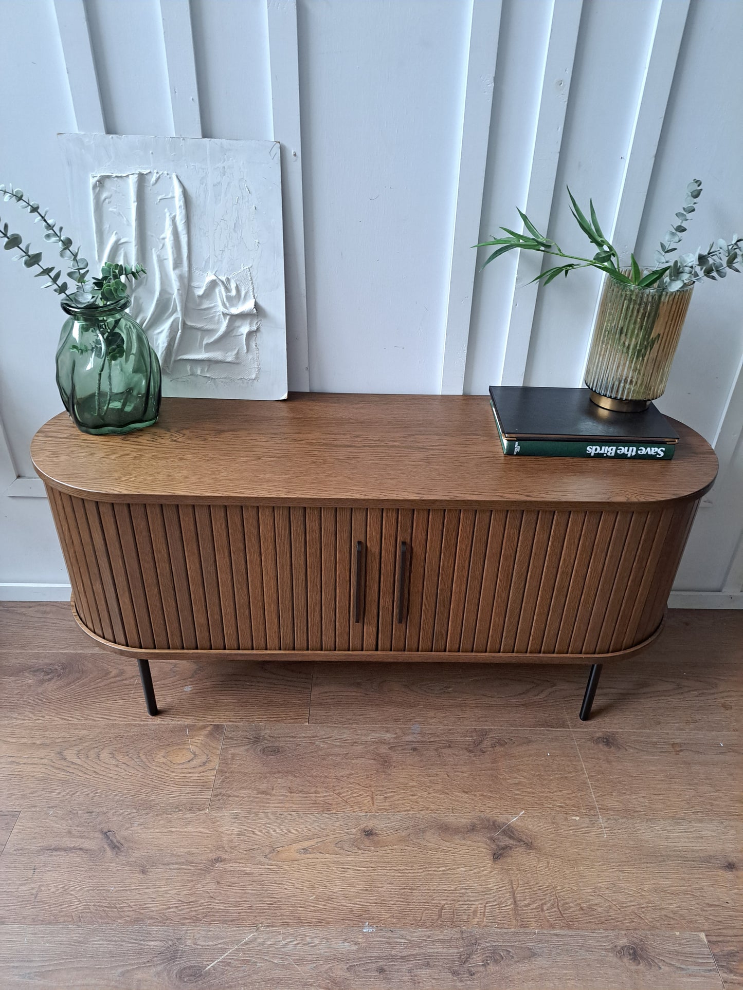 Slatted Sliding 2 Door Tv Unit Lowboard Smoked Oak / Walnut