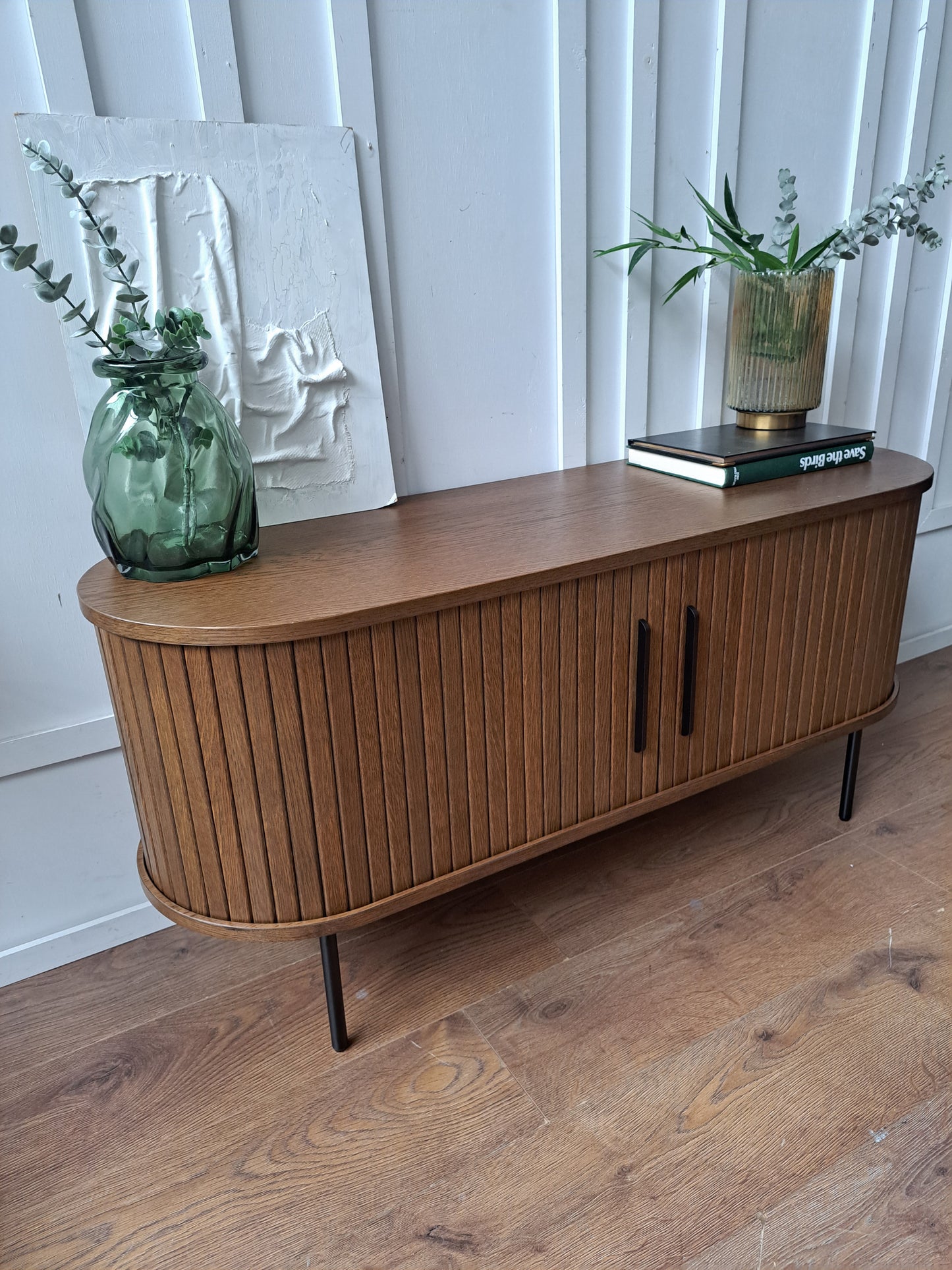 Slatted Sliding 2 Door Tv Unit Lowboard Smoked Oak / Walnut
