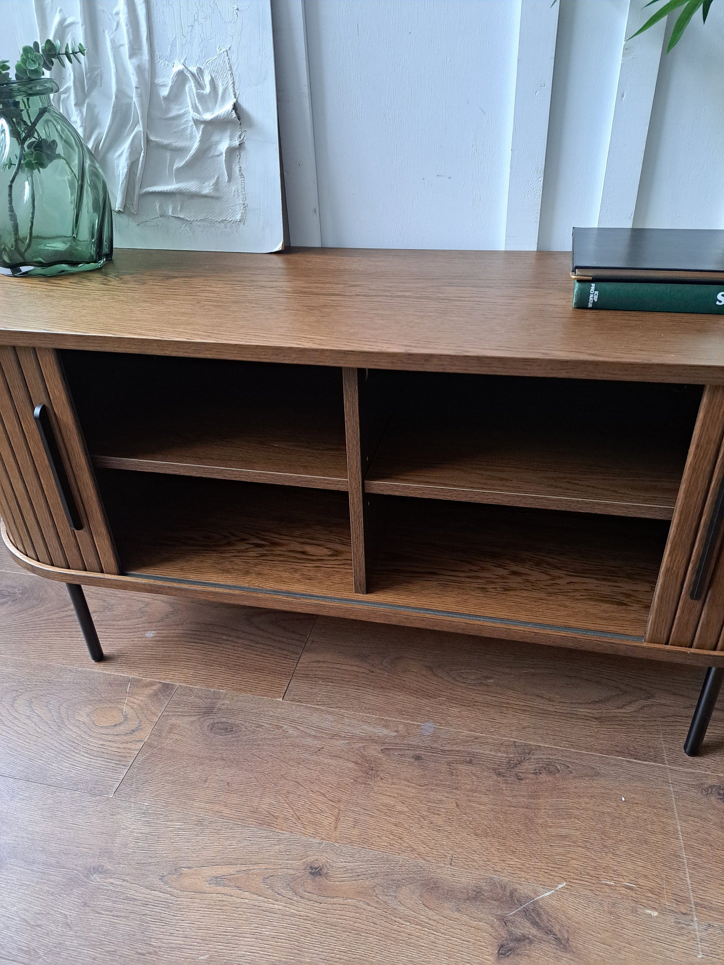 Slatted Sliding 2 Door Tv Unit Lowboard Smoked Oak / Walnut