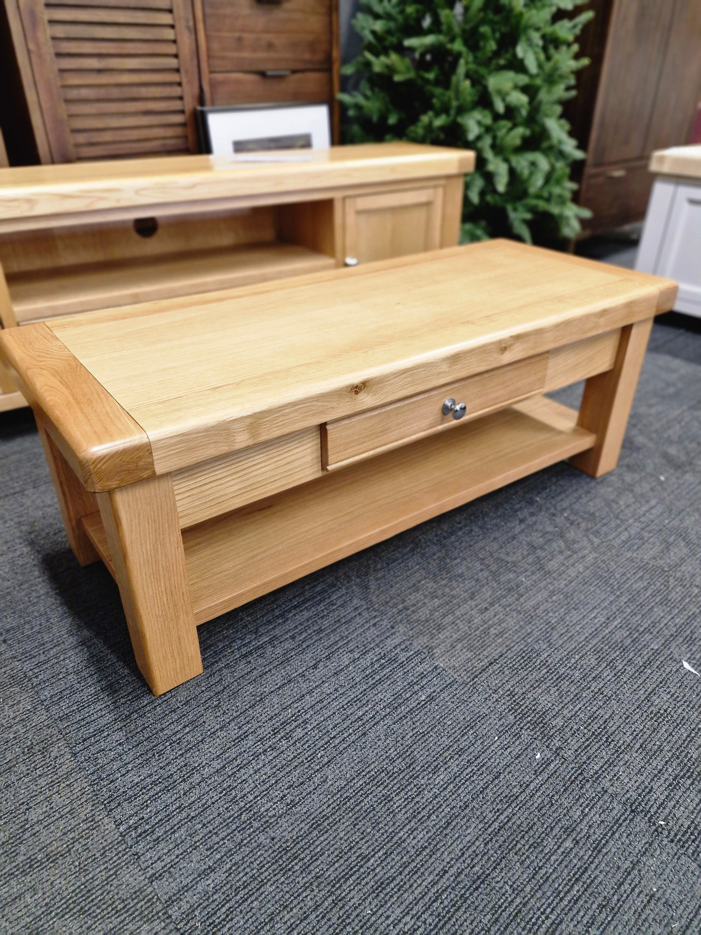 Oak Coffee Table with Storage Shelf and Drawer