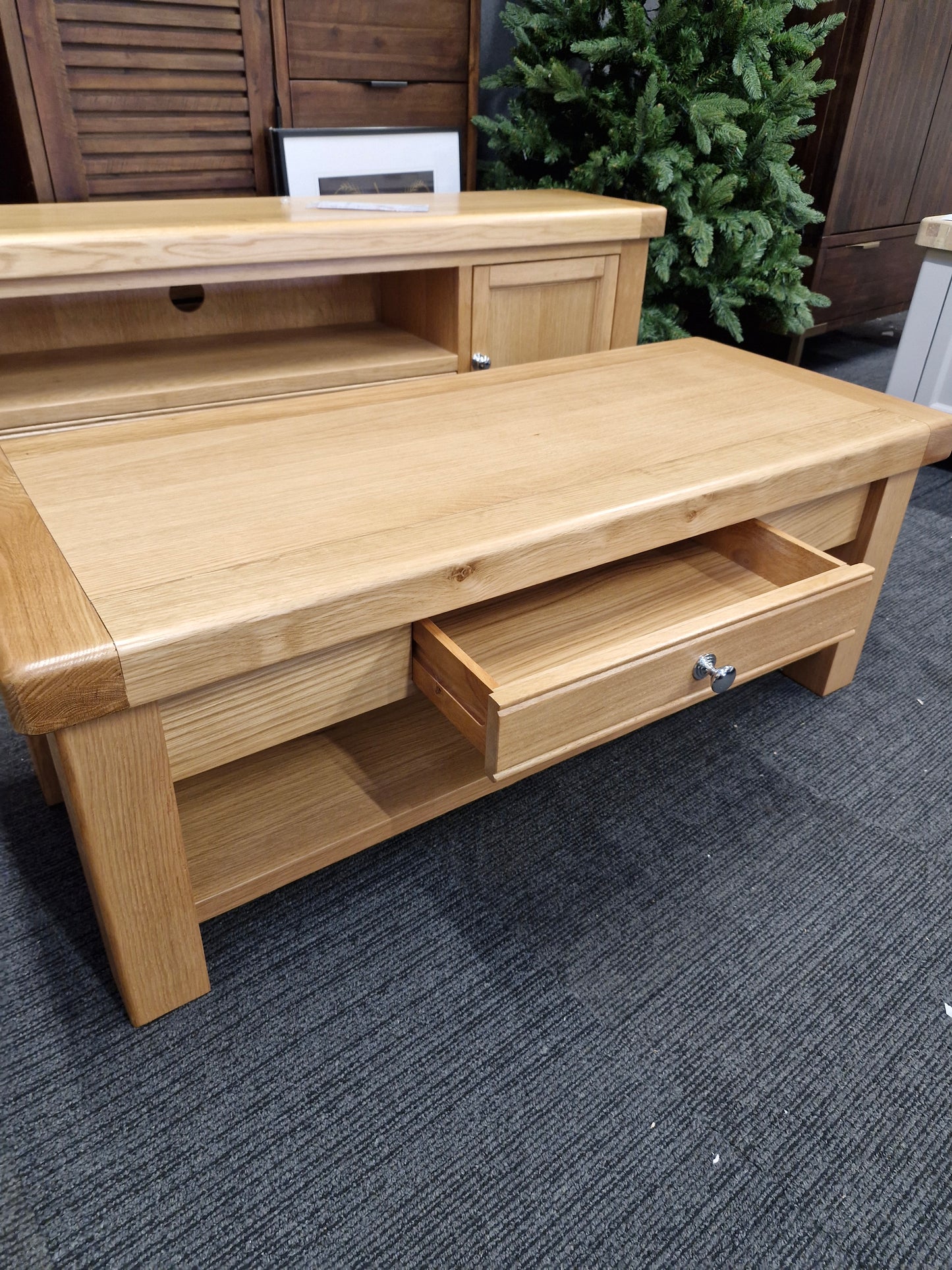 Oak Coffee Table with Storage Shelf and Drawer
