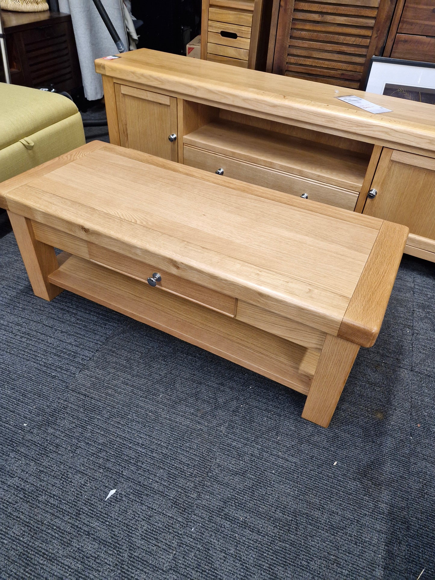 Oak Coffee Table with Storage Shelf and Drawer