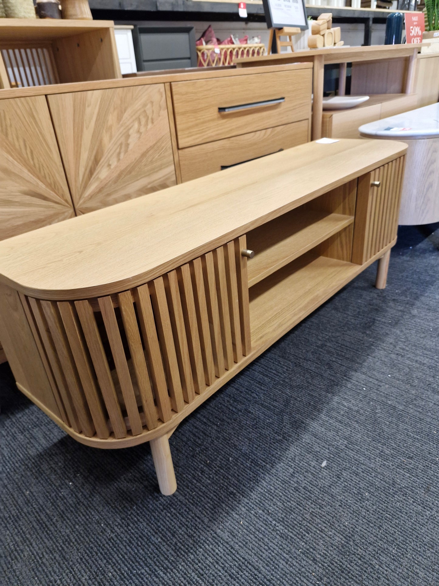 Small Oak Slatted TV Unit
