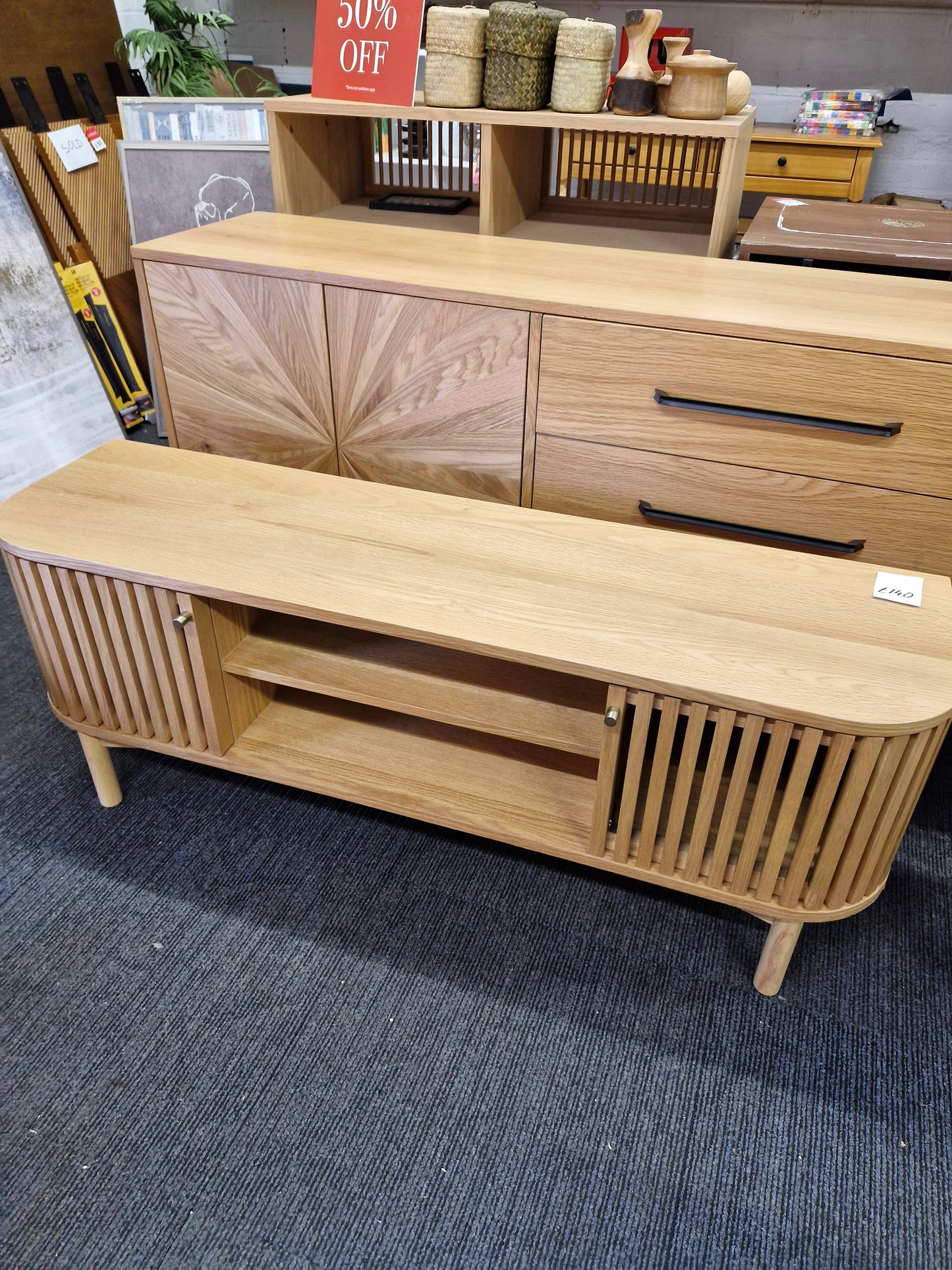 Small Oak Slatted TV Unit
