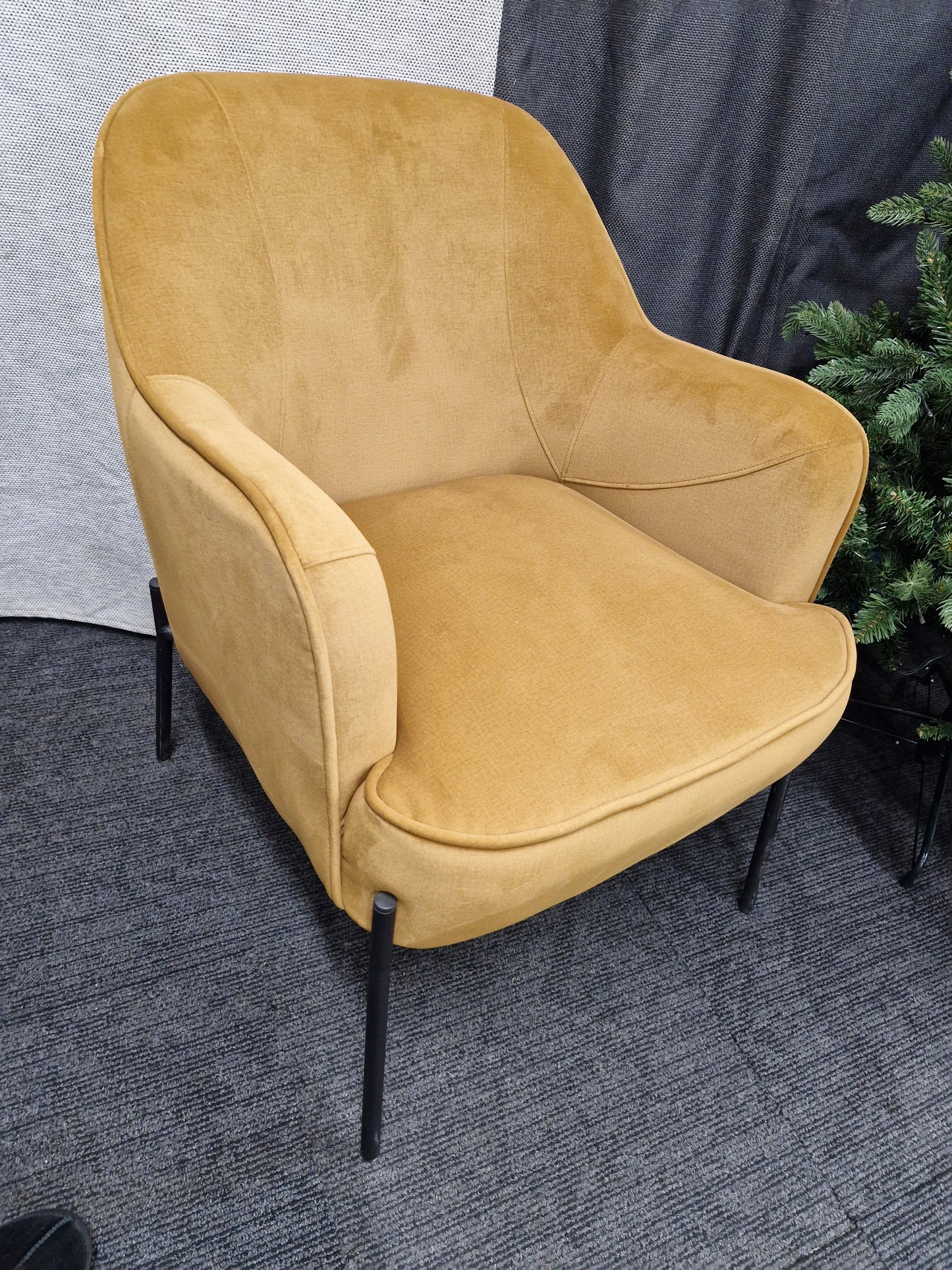 Mustard velvet armchair and black metal legs