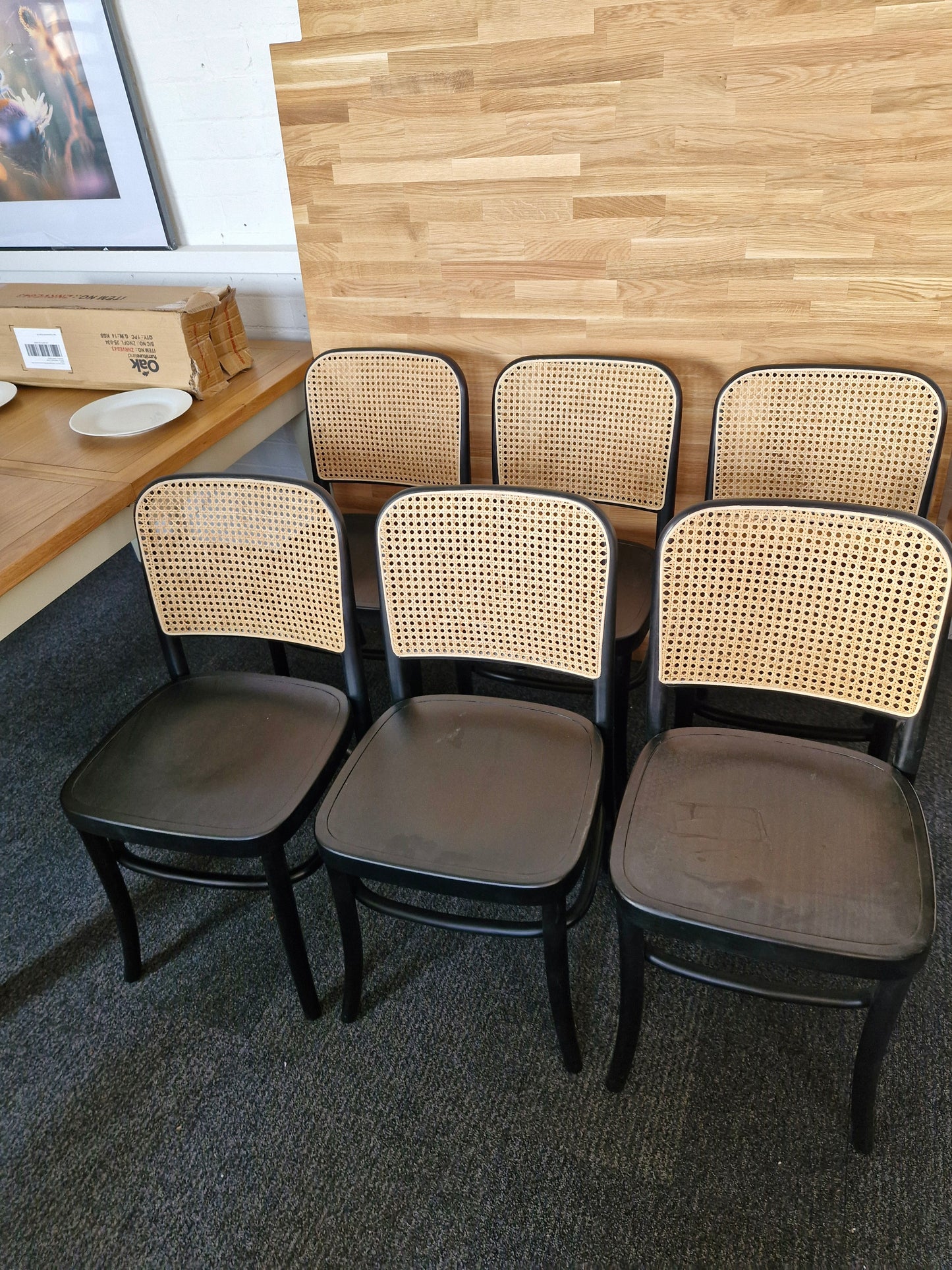 Solid wood black frame and rattan back dining chairs/ set of 6