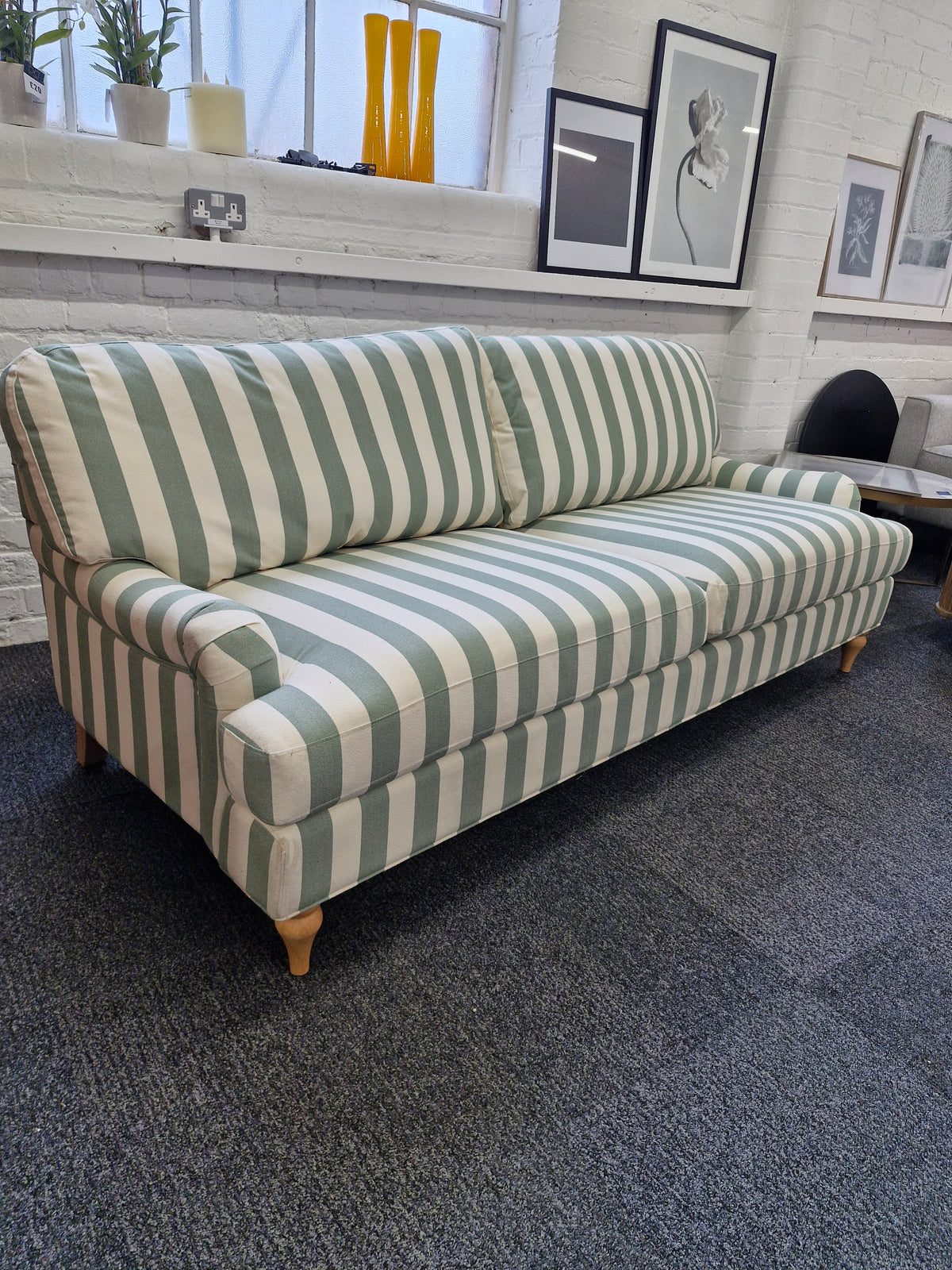 3 seater sofa- green and off white stripes