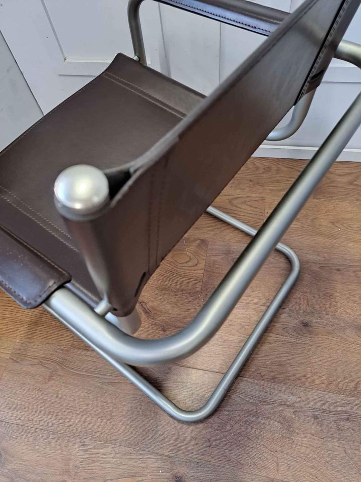 Bauhaus style Metal and Brown Leather Chair / Armchair