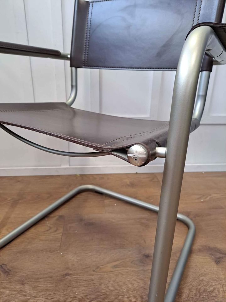 Bauhaus style Metal and Brown Leather Chair / Armchair