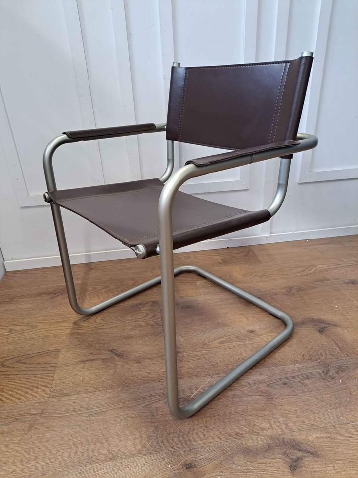 Bauhaus style Metal and Brown Leather Chair / Armchair