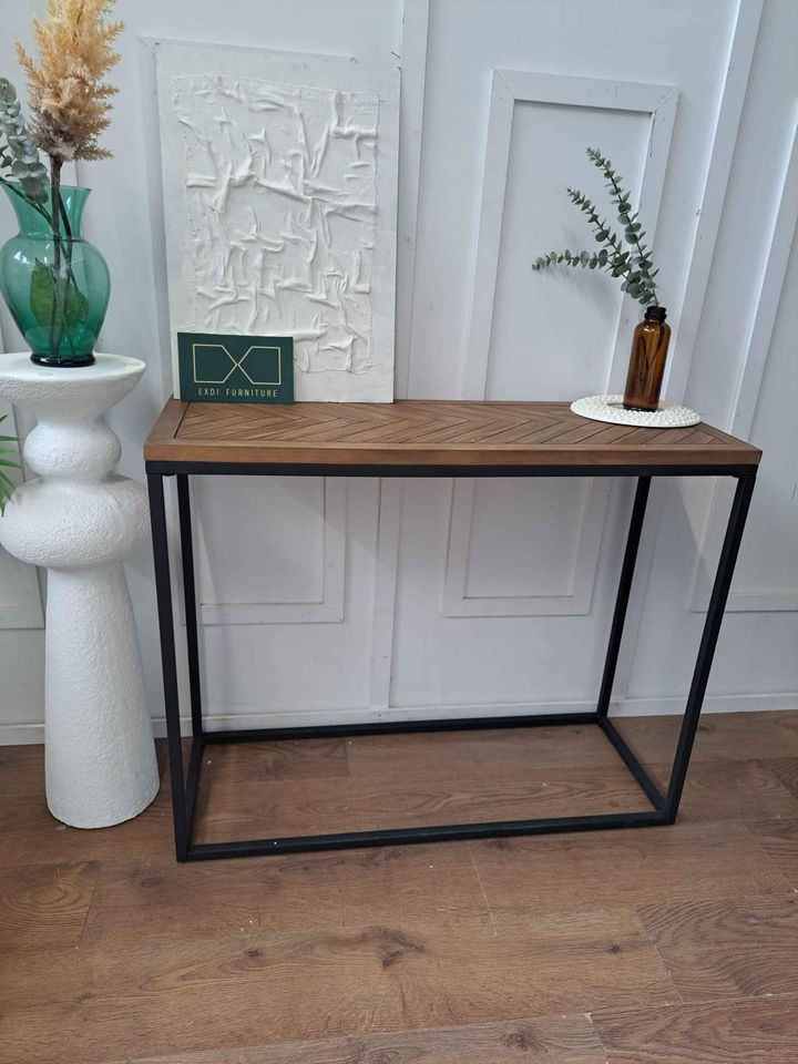 Console Table Parquet Wood and Metal ¦ Herringbone Style Solid Pine Top