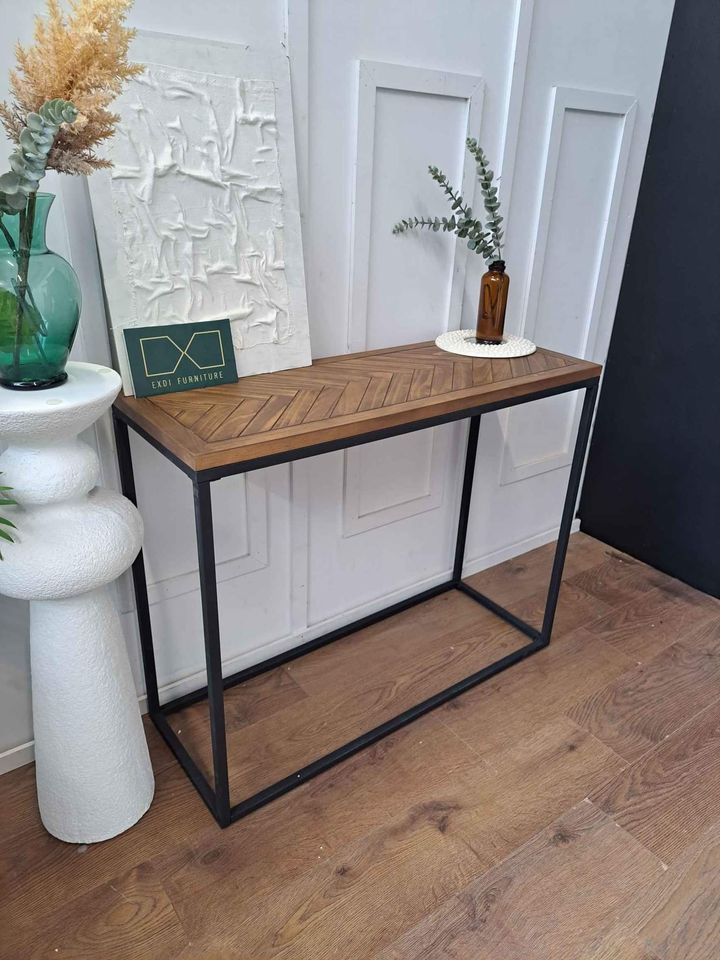 Console Table Parquet Wood and Metal  ¦  Herringbone Style Solid Pine Top