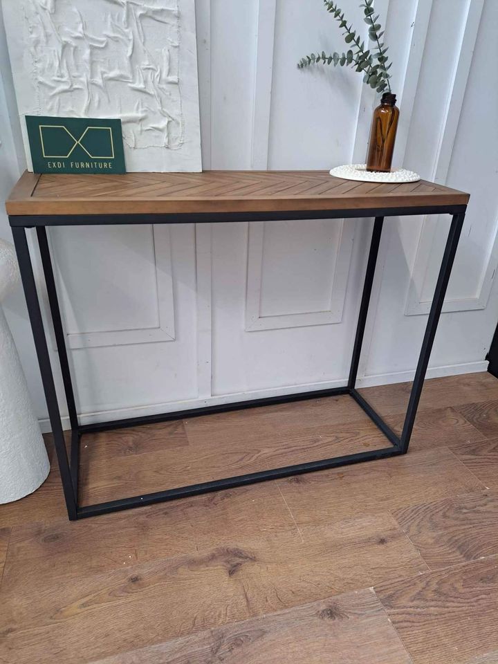 Console Table Parquet Wood and Metal  ¦  Herringbone Style Solid Pine Top