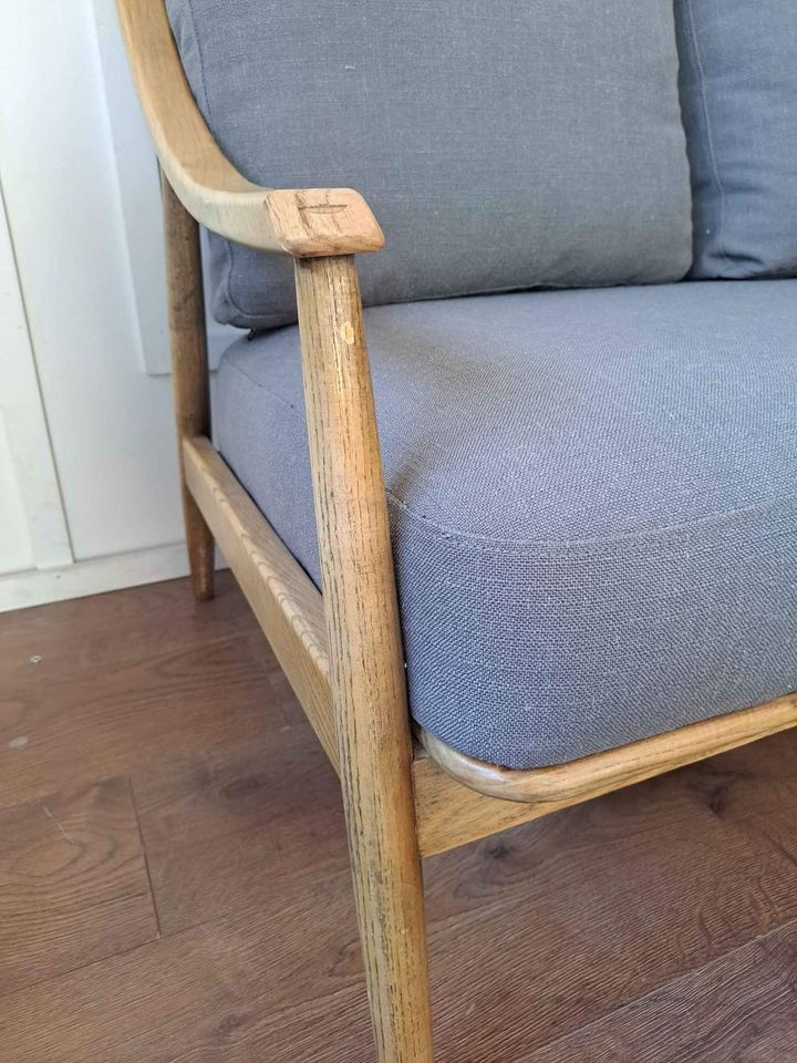 Double Solid Wood and Grey Linen Sofa ¦  Ercol Style