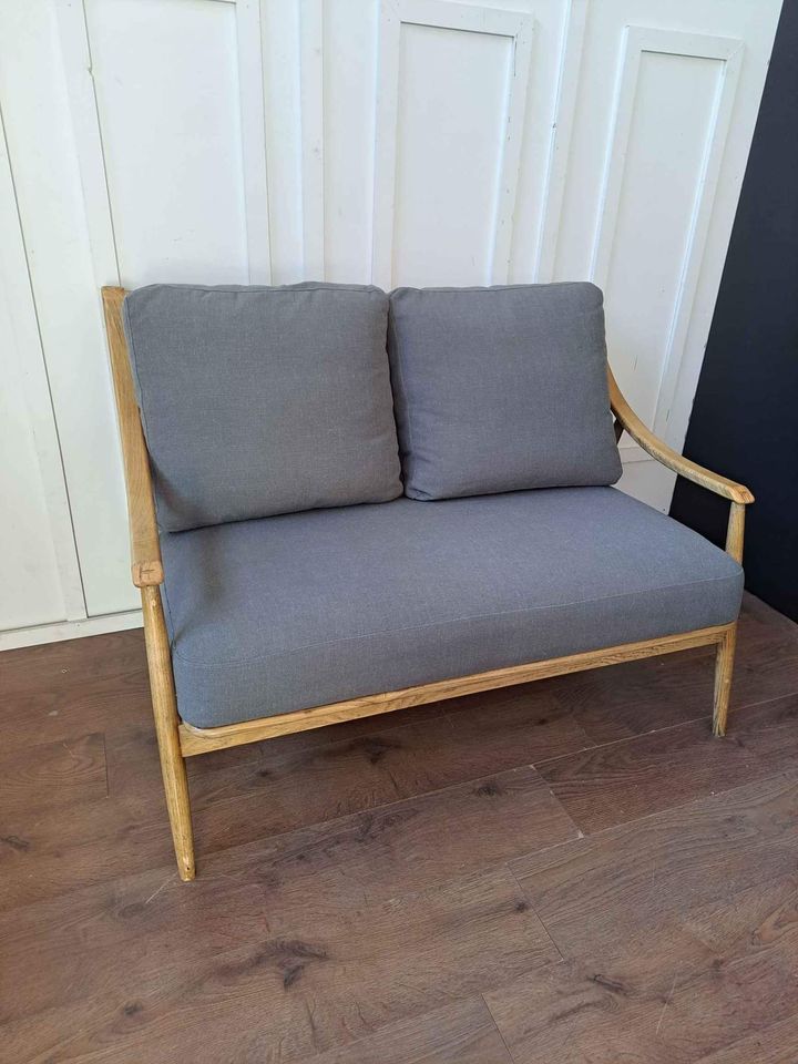 Double Solid Wood and Grey Linen Sofa ¦  Ercol Style