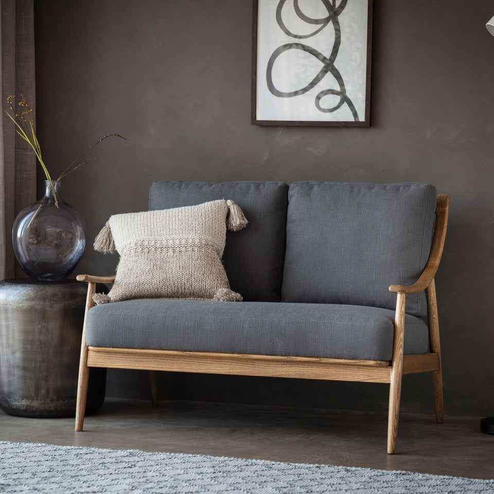 Double Solid Wood and Grey Linen Sofa ¦  Ercol Style
