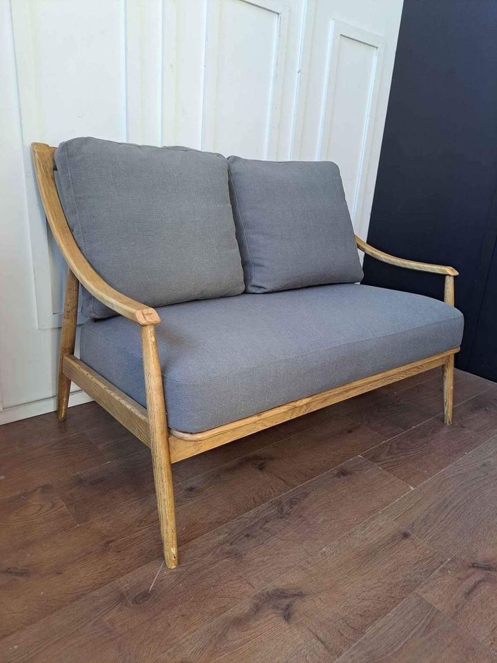 Double Solid Wood and Grey Linen Sofa ¦  Ercol Style