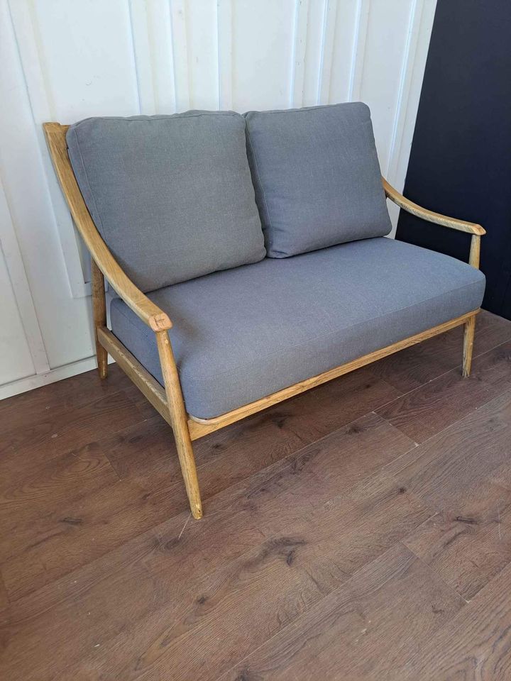 Double Solid Wood and Grey Linen Sofa ¦  Ercol Style
