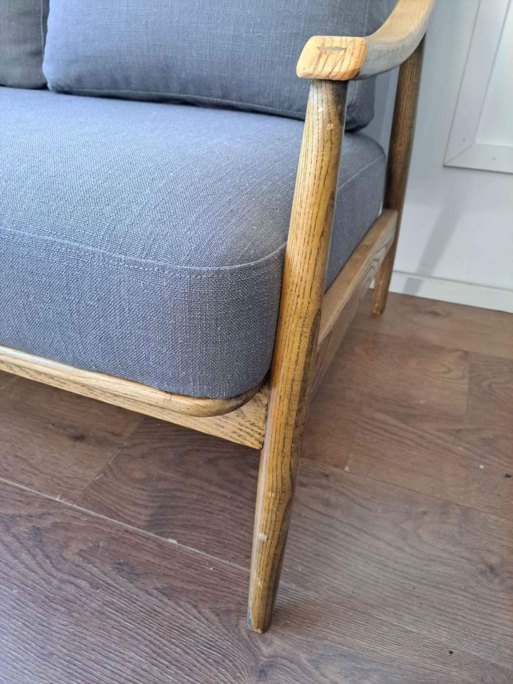 Double Solid Wood and Grey Linen Sofa ¦  Ercol Style