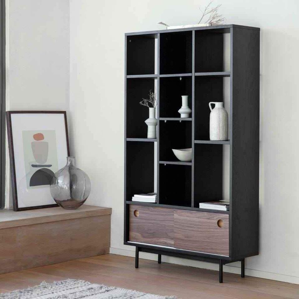 Bookcase / Display Unit Black and Walnut Sliding Doors