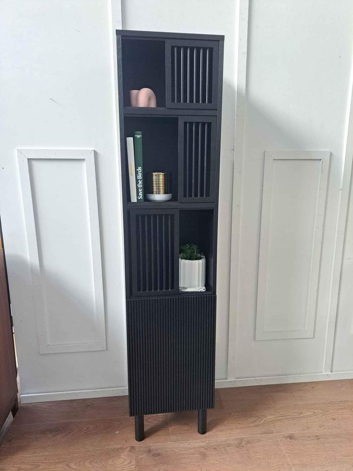 Black Tall Slim Display Storage Unit sliding doors