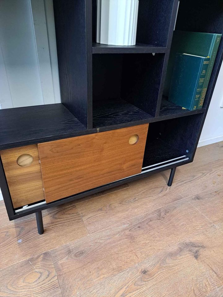 Bookcase / Display Unit Black and Walnut Sliding Doors