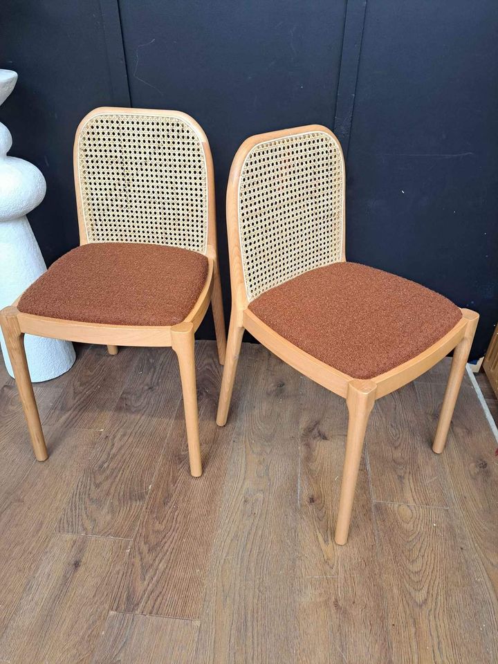 Dining Chairs Oak, Rattan and Boucle Burned Orange