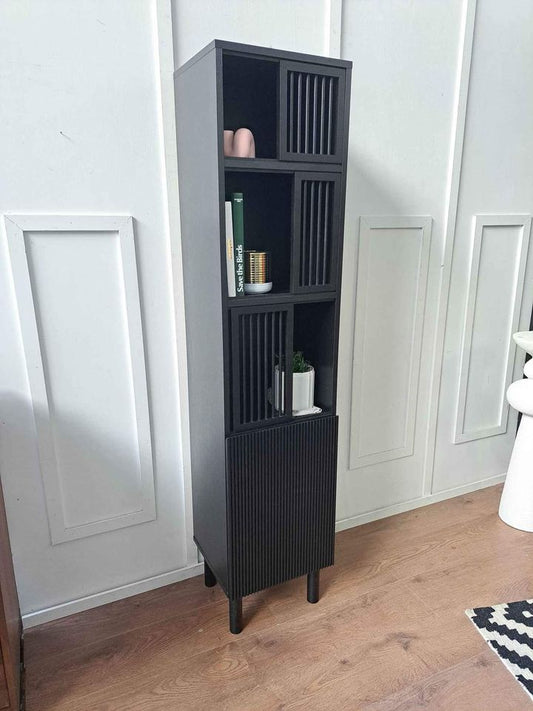 Black Tall Slim Display Storage Unit sliding doors