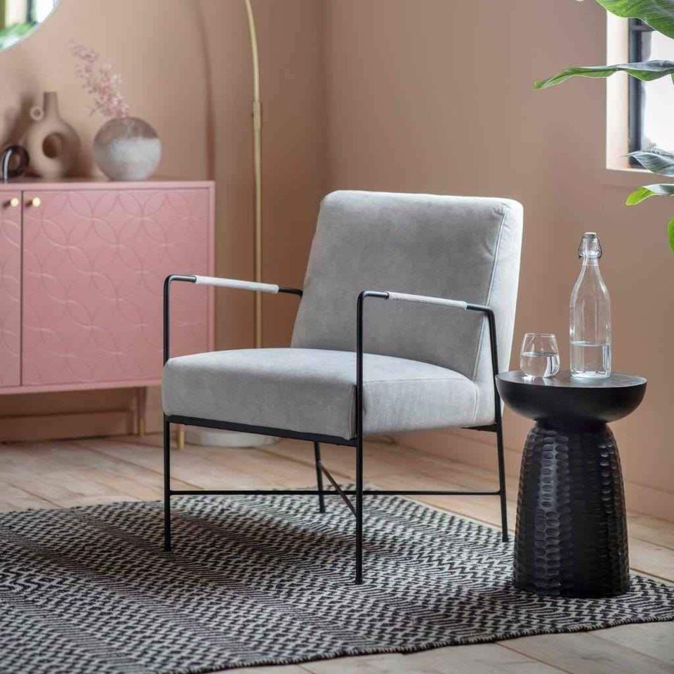 Armchair Grey Velvet and Black Metal Frame