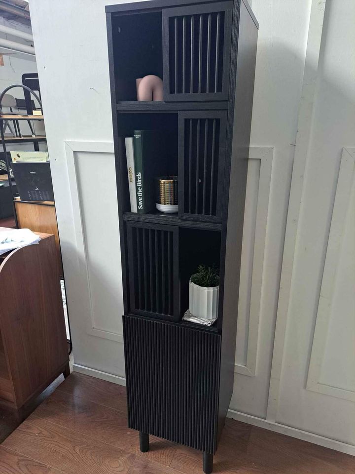 Black Tall Slim Display Storage Unit sliding doors