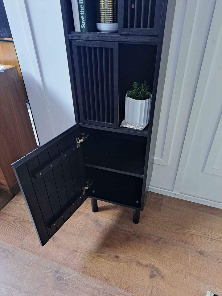 Black Tall Slim Display Storage Unit sliding doors