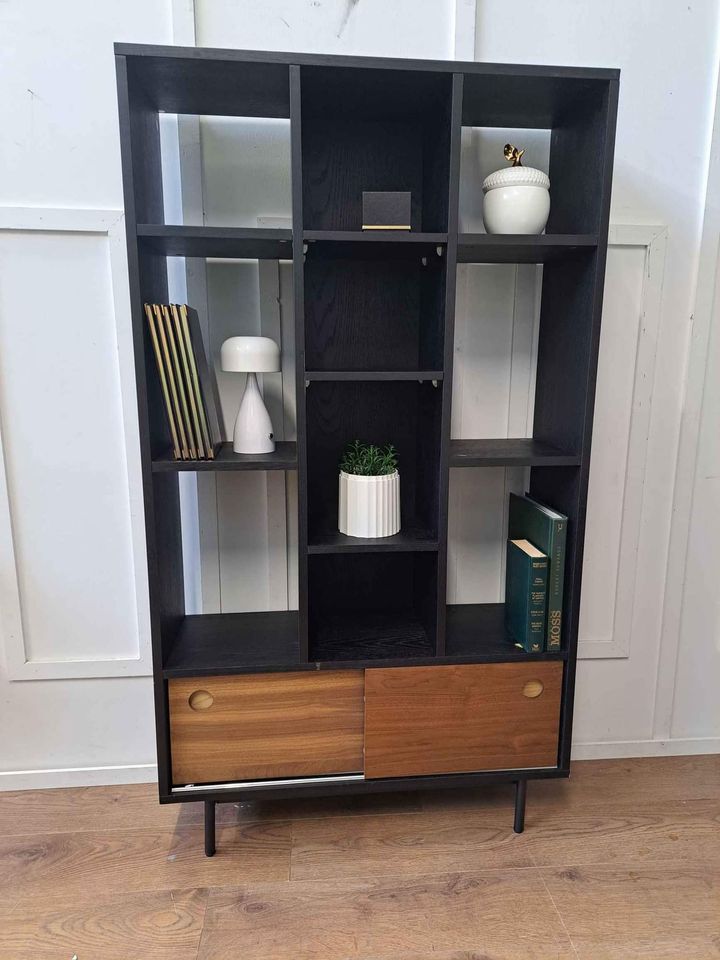 Bookcase / Display Unit Black and Walnut Sliding Doors