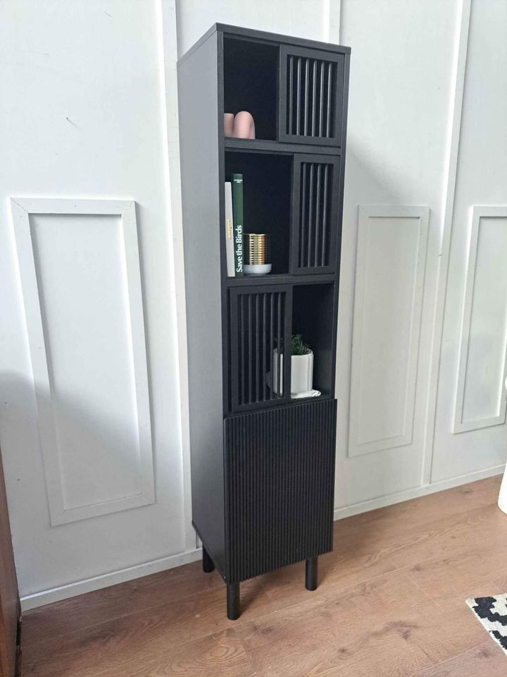 Black Tall Slim Display Storage Unit sliding doors