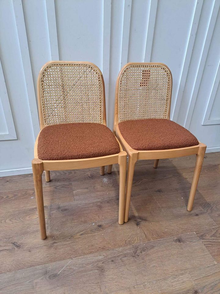 Dining Chairs Oak, Rattan and Boucle Burned Orange