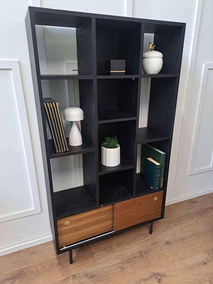 Bookcase / Display Unit Black and Walnut Sliding Doors
