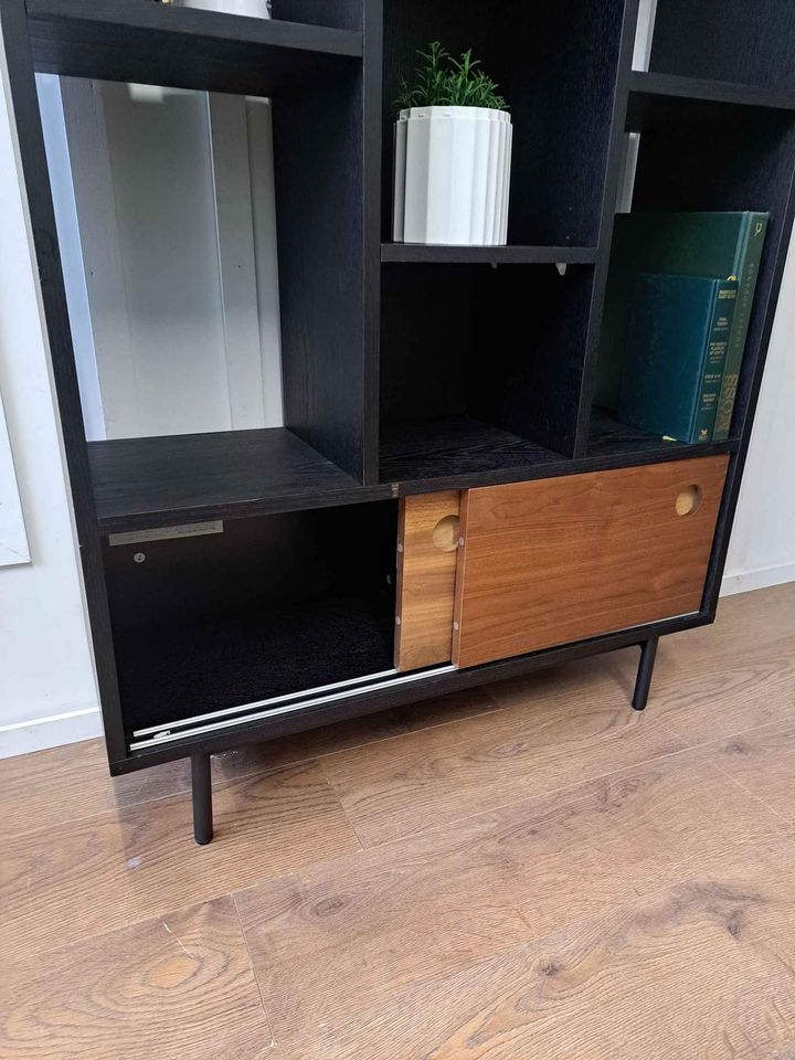 Bookcase / Display Unit Black and Walnut Sliding Doors