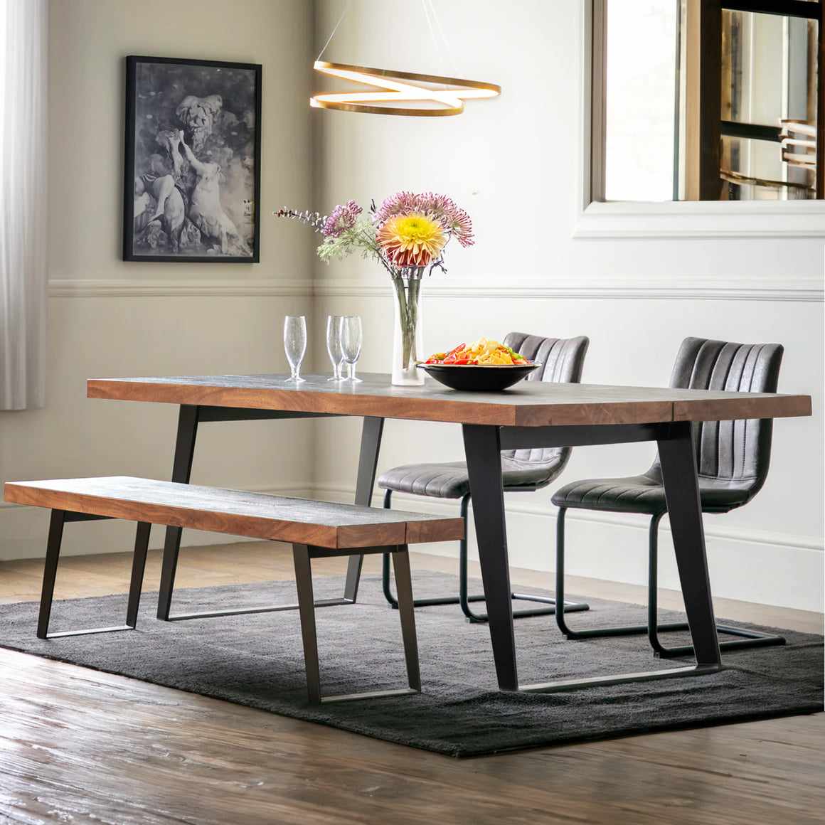 Dining Set- Solid Wood and Black Metal Dining Table and Bench Set