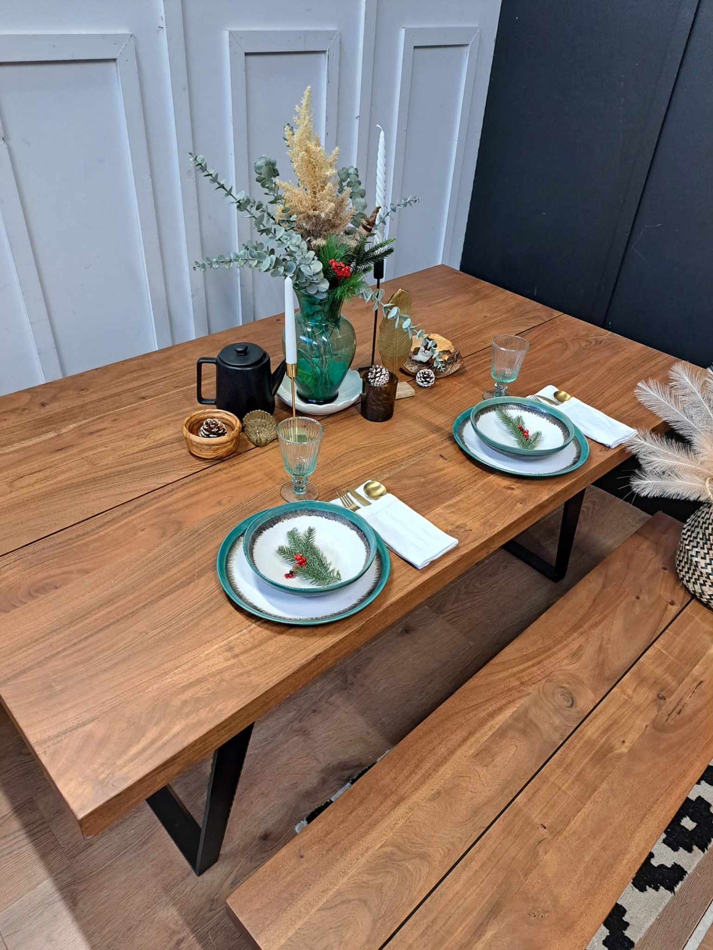 Dining Set- Solid Wood and Black Metal Dining Table and Bench Set