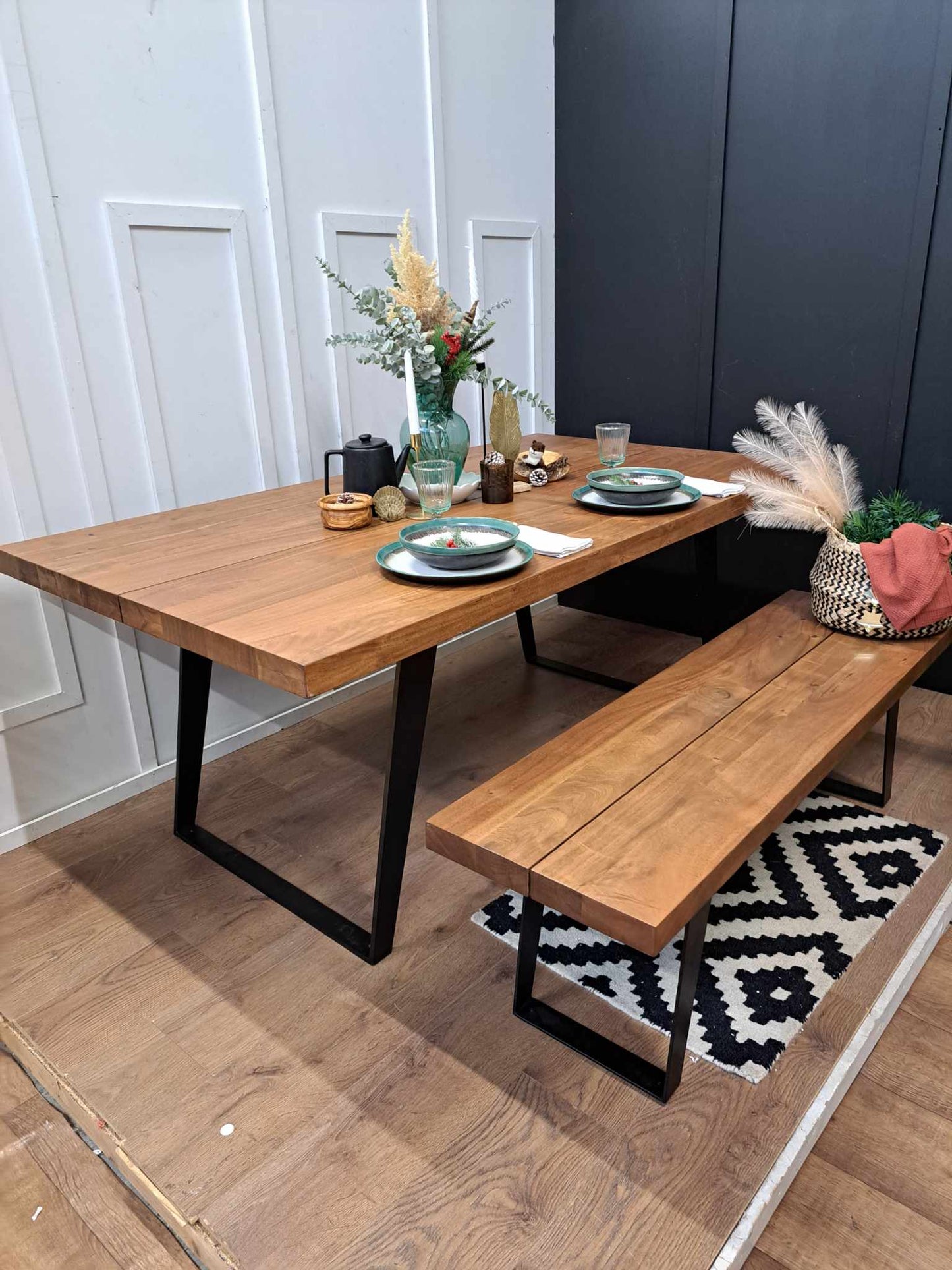 Dining Set- Solid Wood and Black Metal Dining Table and Bench Set