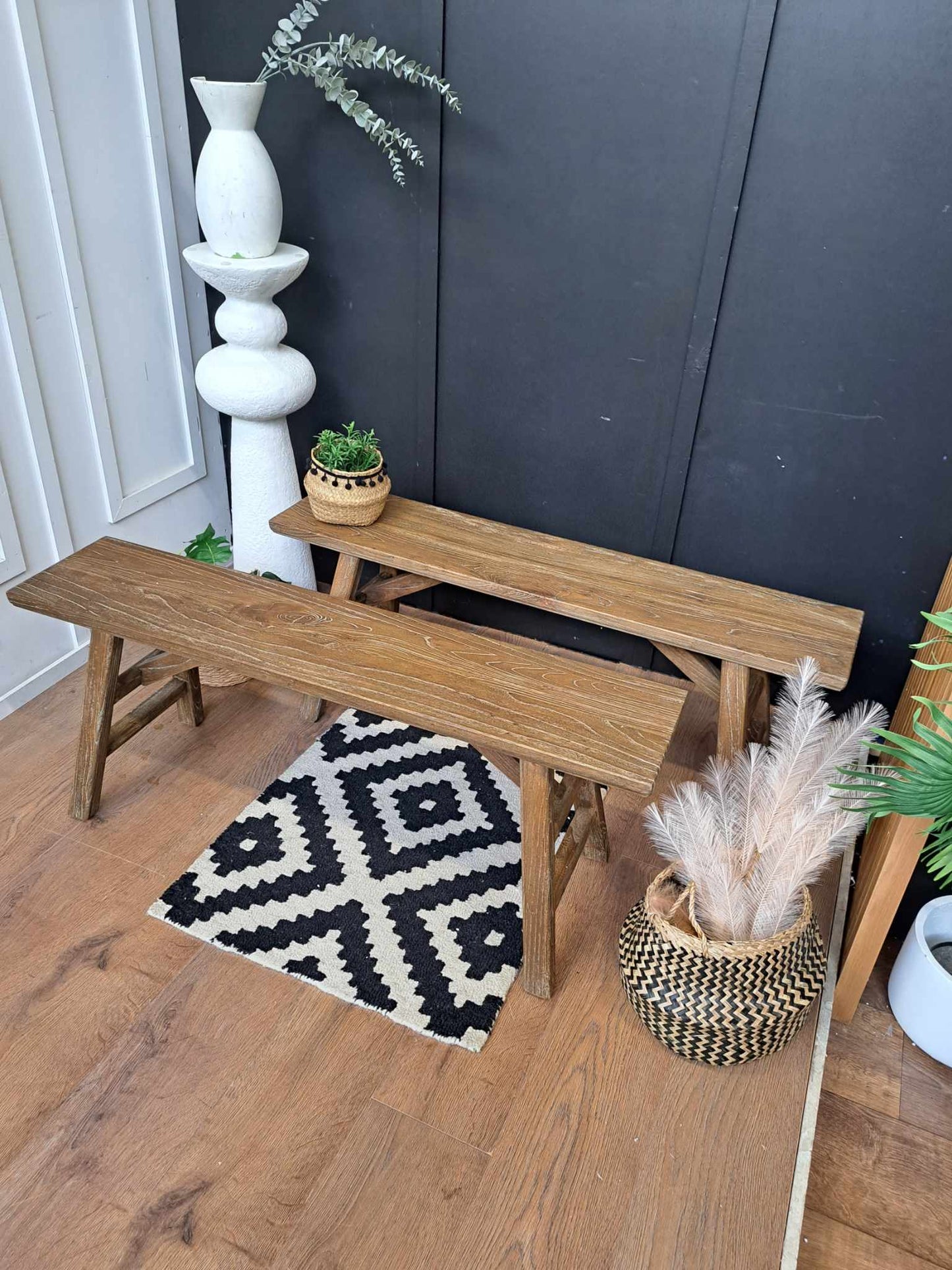Solid Wood Benches Rustic Set of 2