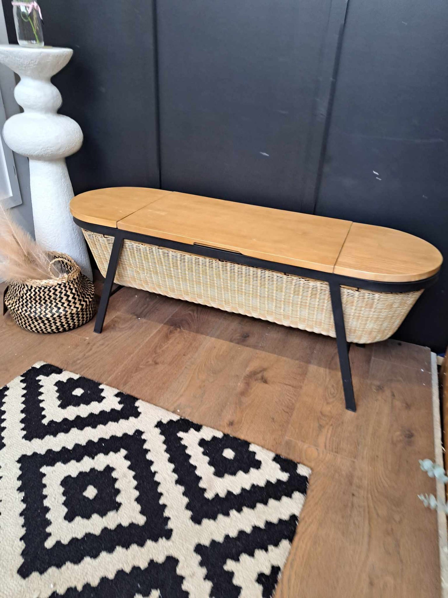 Storage Bench Solid Wood, Metal and Rattan