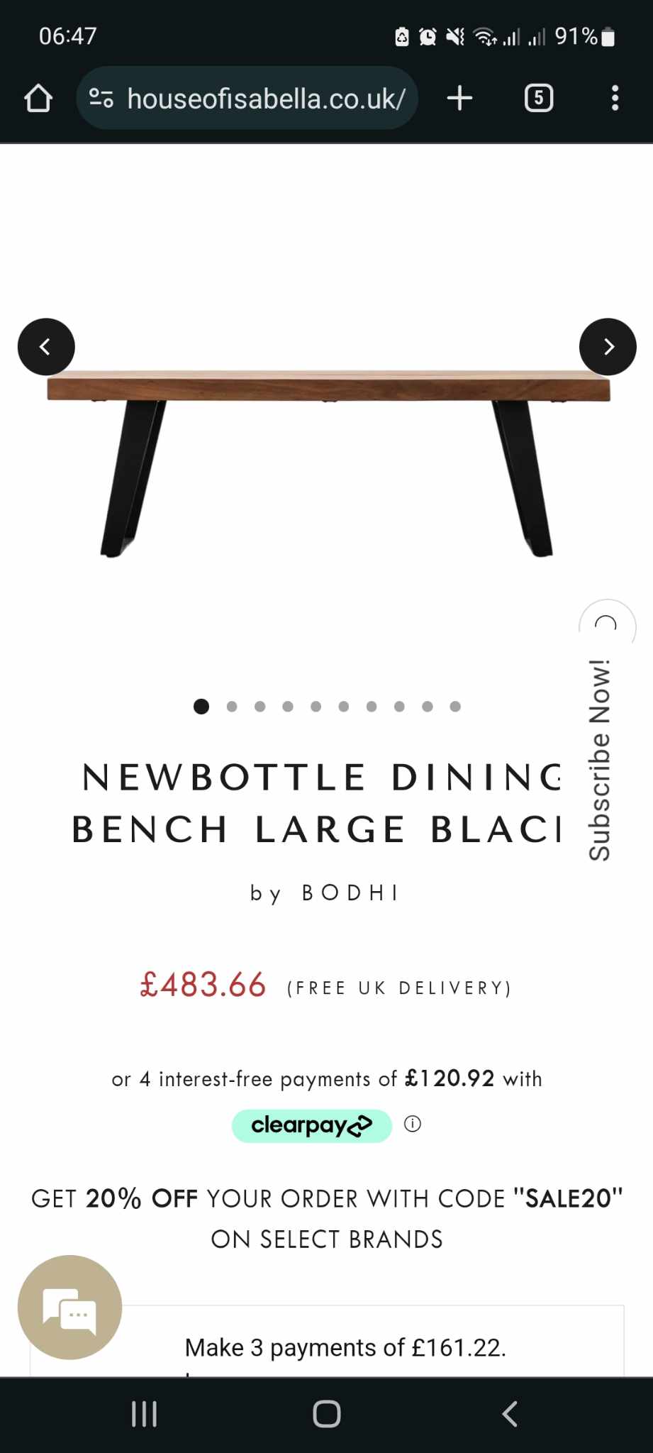 Dining Set- Solid Wood and Black Metal Dining Table and Bench Set