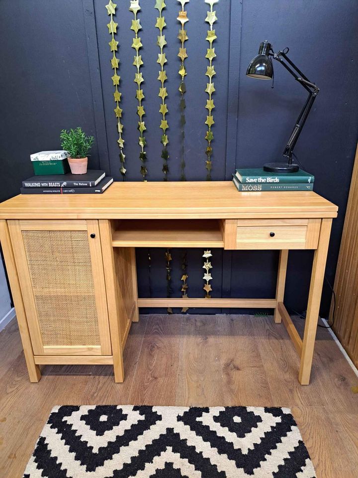 Desk- Solid pine wood and rattan