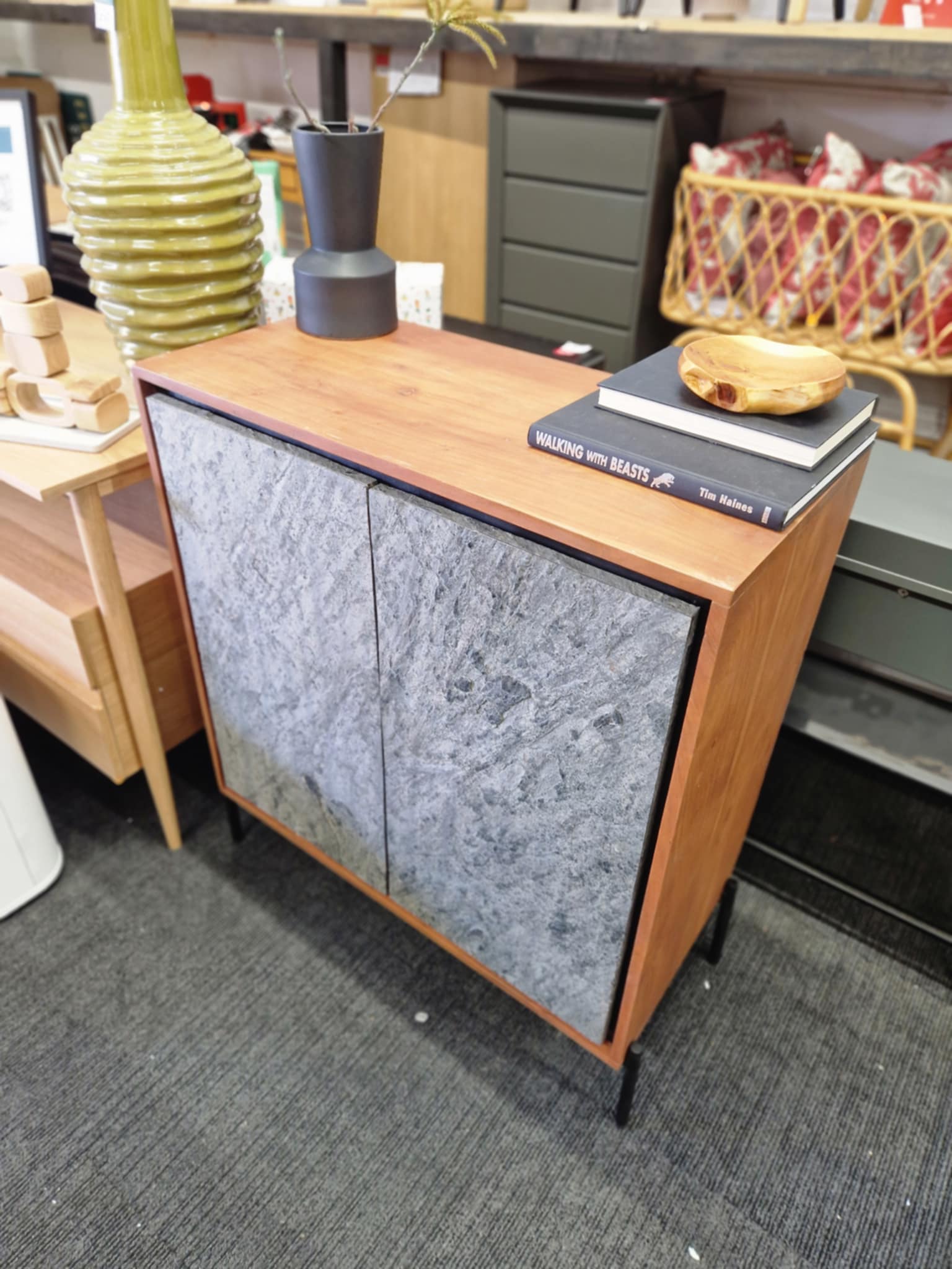 Stone and Solid Acacia Wood Small Cabinet – ExdiFurniture