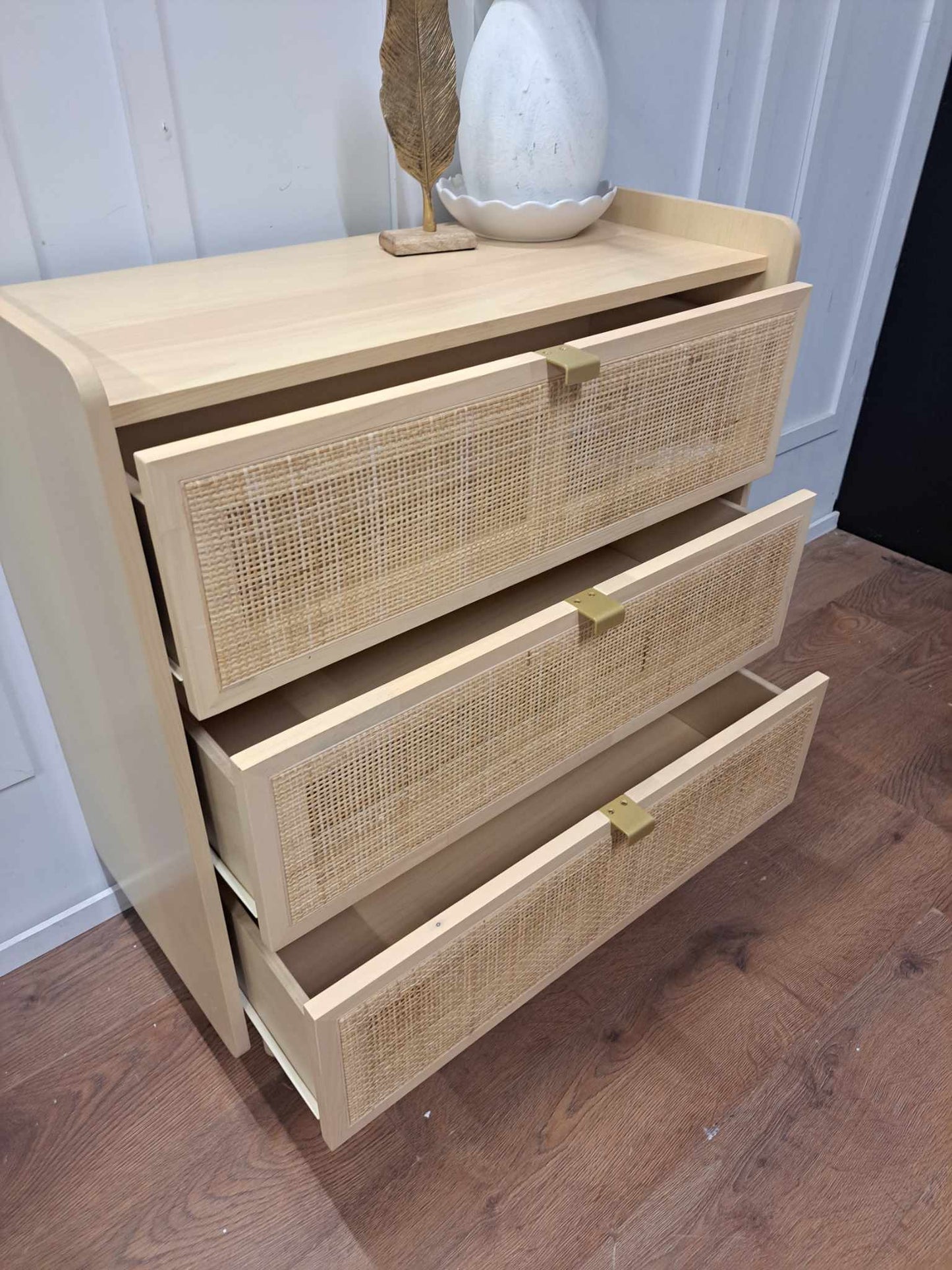 Chest of 3 Drawers Oak and Rattan